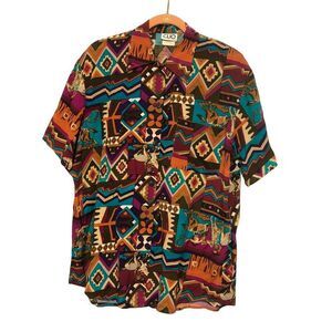 Clio SML Teal Orange Boho Button Down Top